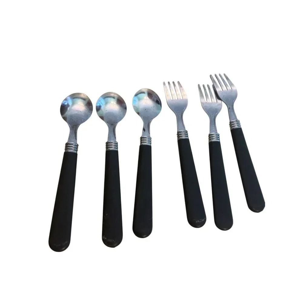 Lot of 6 Stainless Essex Black‎ Plastic Handle Forks & Spoons 7
